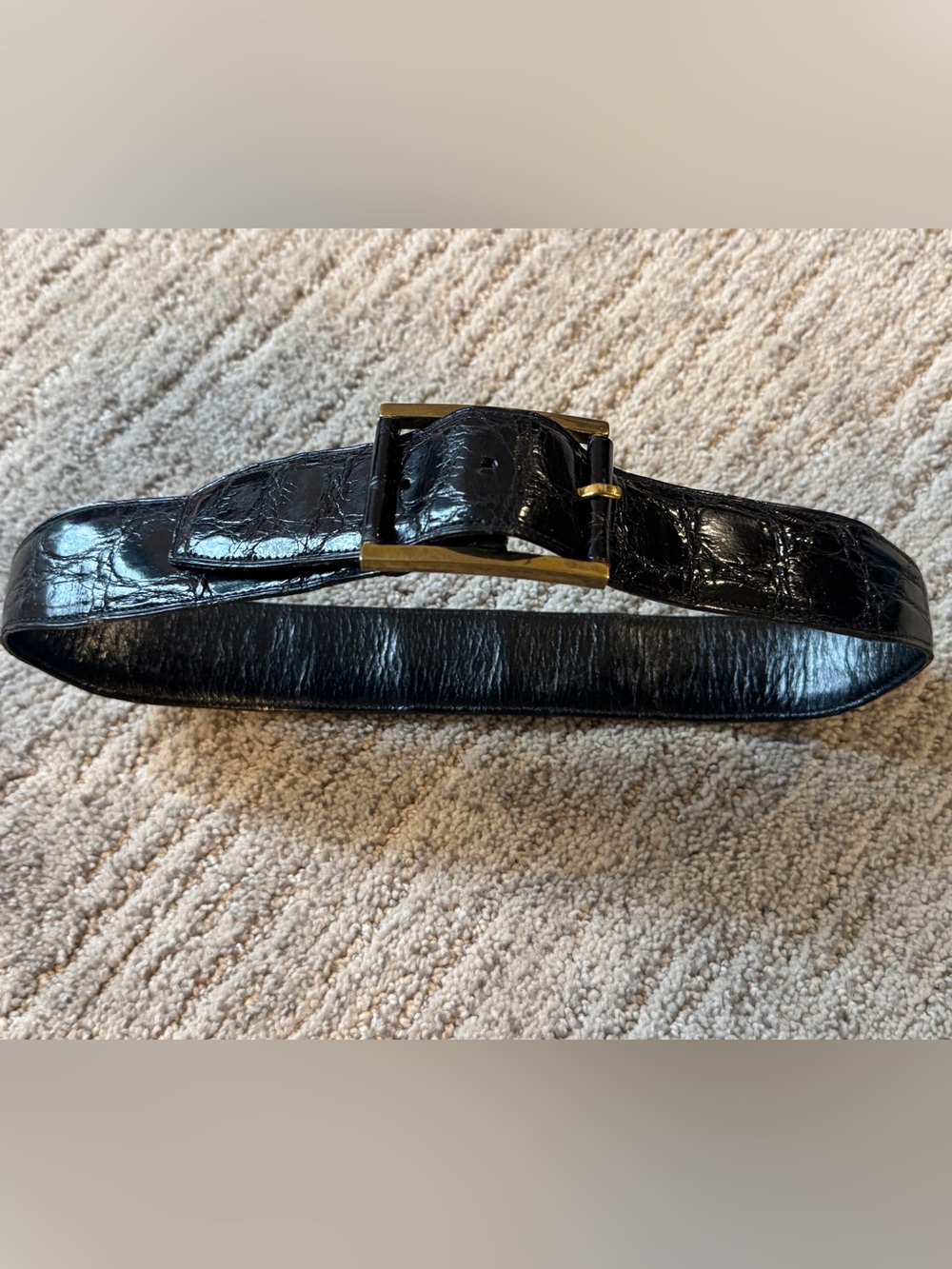 Vintage Black Embossed Leather Alligator Belt with Brass Buckle XS